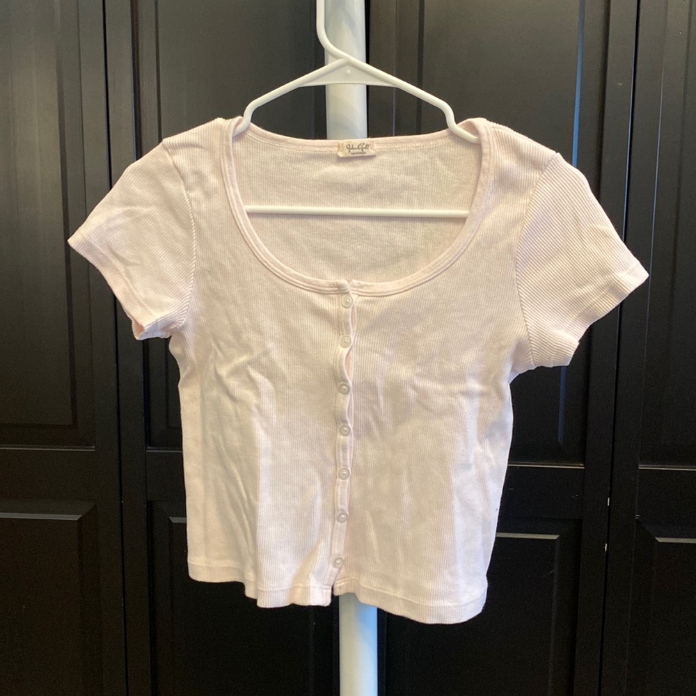John Galt Baby Pink cropped button down ribbed shirt, one size